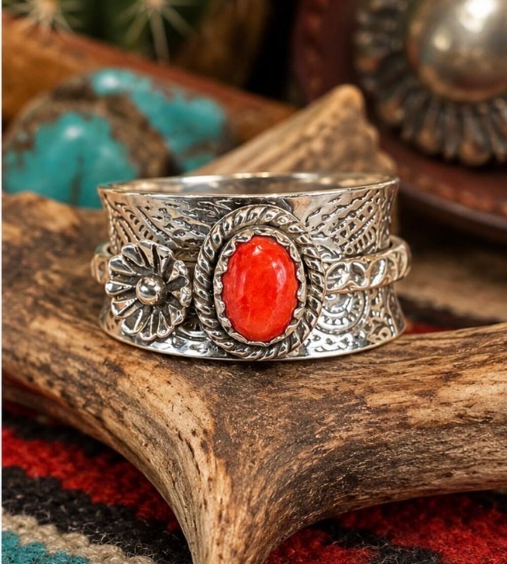 Red Spiny Southwestern Spinner Ring – Sterling Silver Hand-Stamped Floral Design